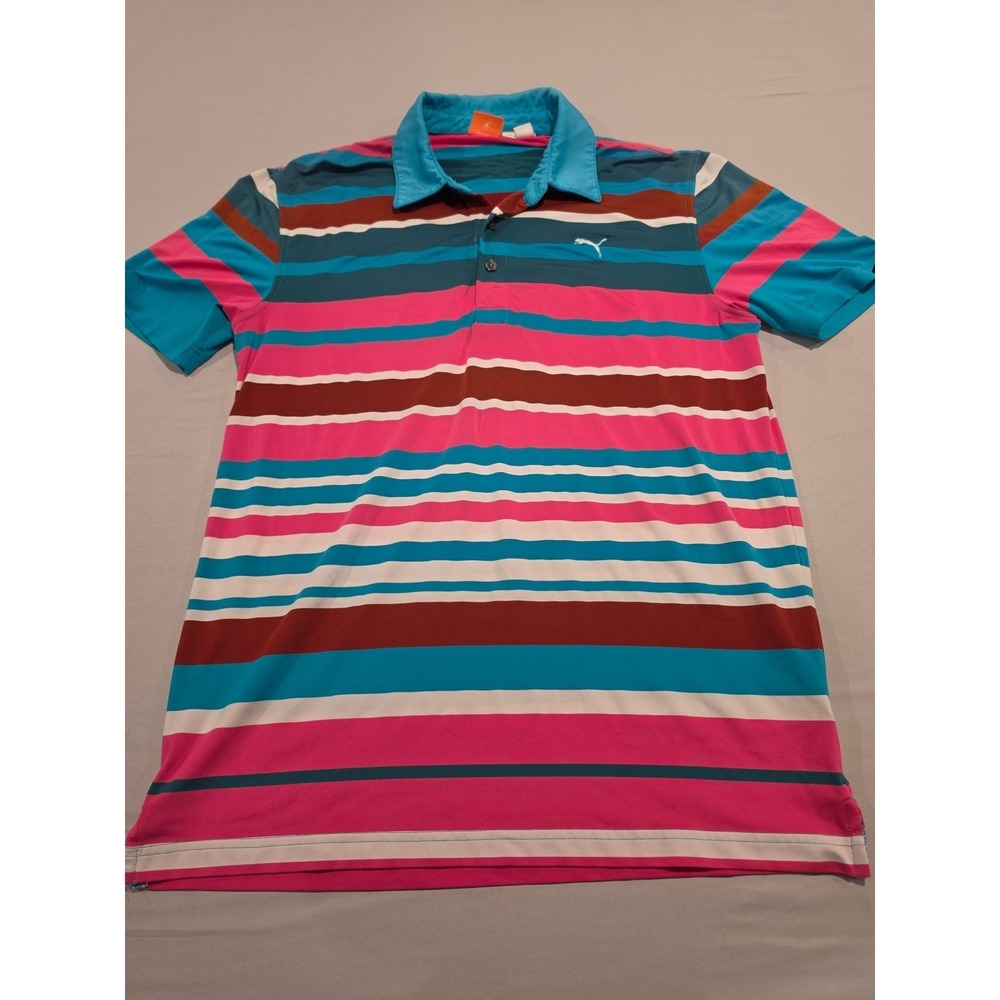 Puma Mens Sportlifestyle dryCELL Striped Polo Shirt Pink Teal Blue Small